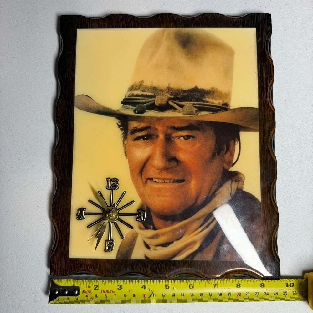 AS IS John Wayne Wall Clock 11.5x9.25 Brown Wood‎ Resin Portrait Vintage Style